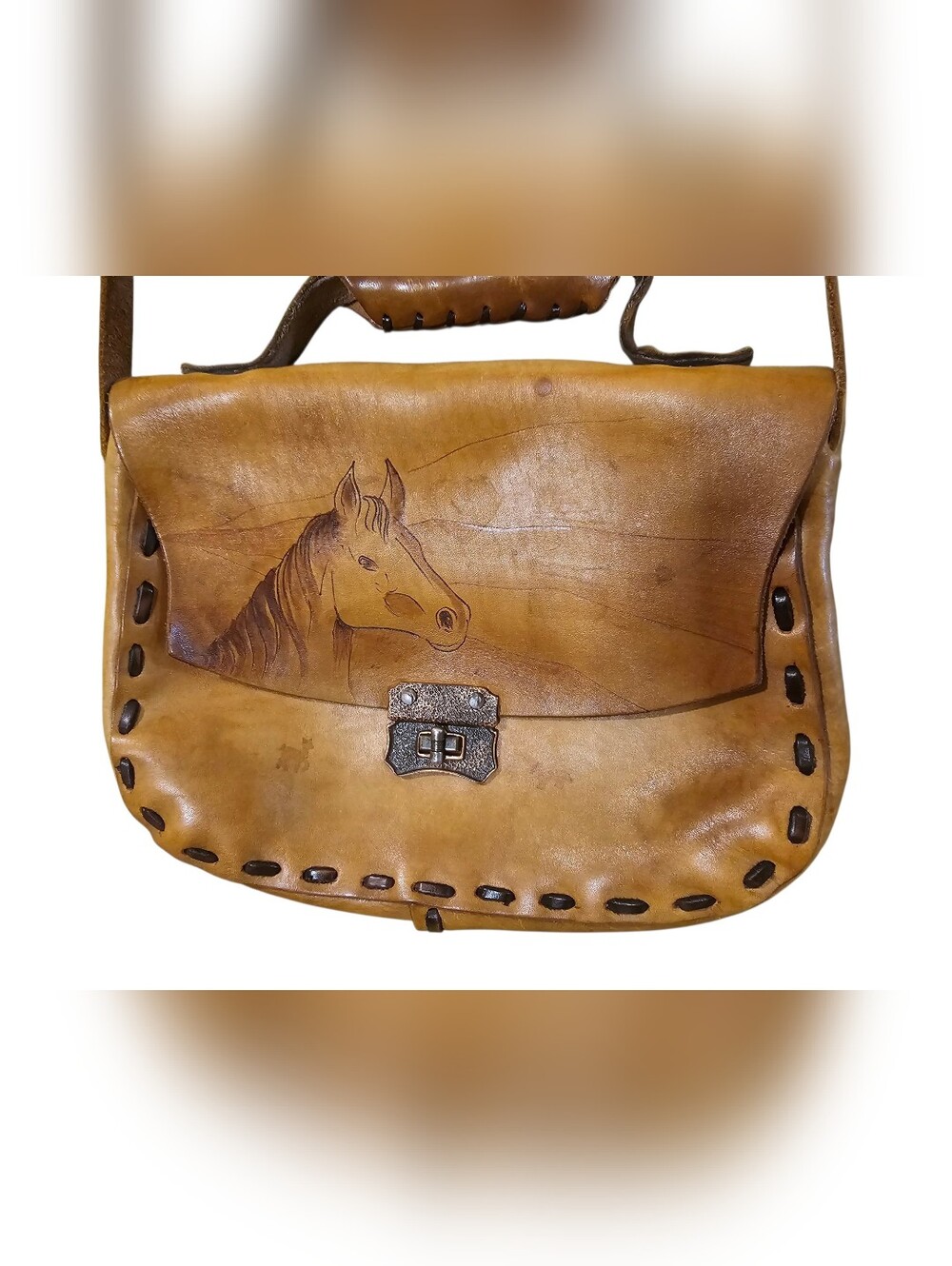 Vintage 70s Handcrafted Leather Horse-Engraved Saddle Bag in Tan